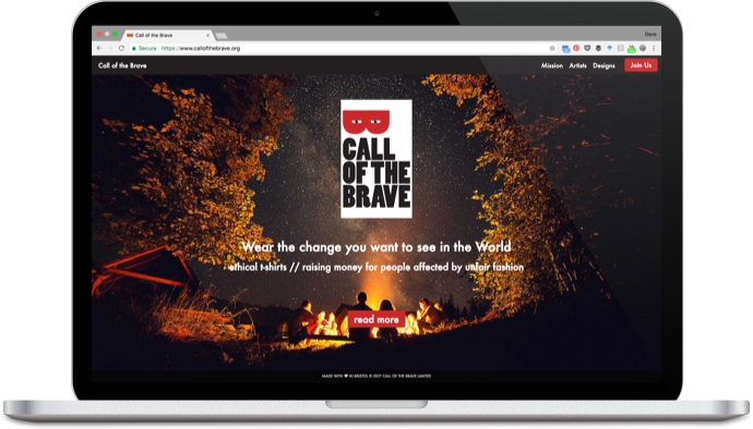 A mock up of the landing page for Call of the Brave. The logo is upfront and center with a prominent call-to-action